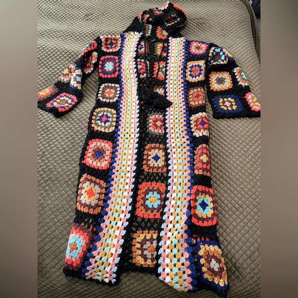 Black Granny Square Crochet Duster